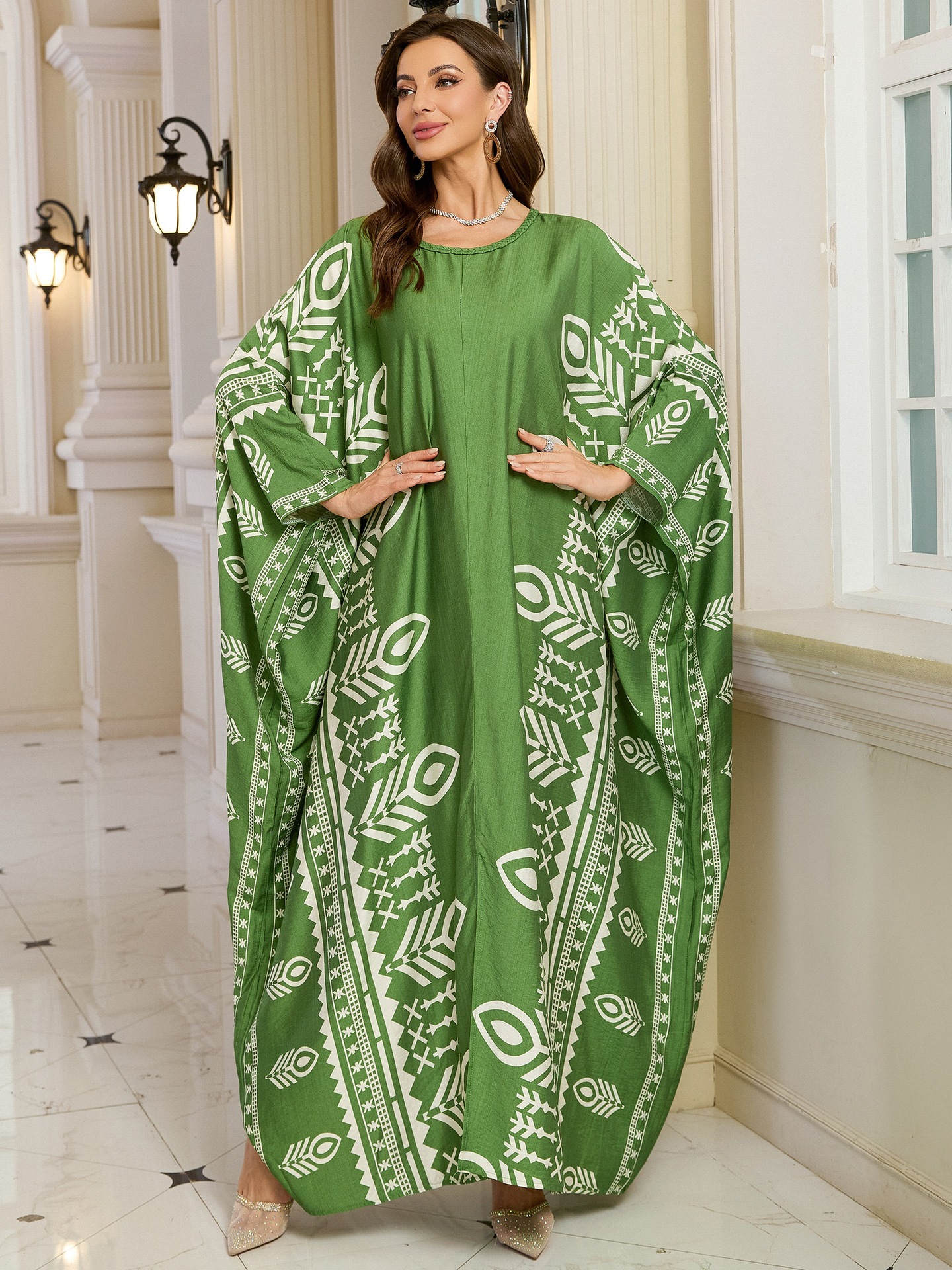 Geometric Pattern Kaftan Maxi Dress with Long Batwing Sleeves for Beach Cover Up